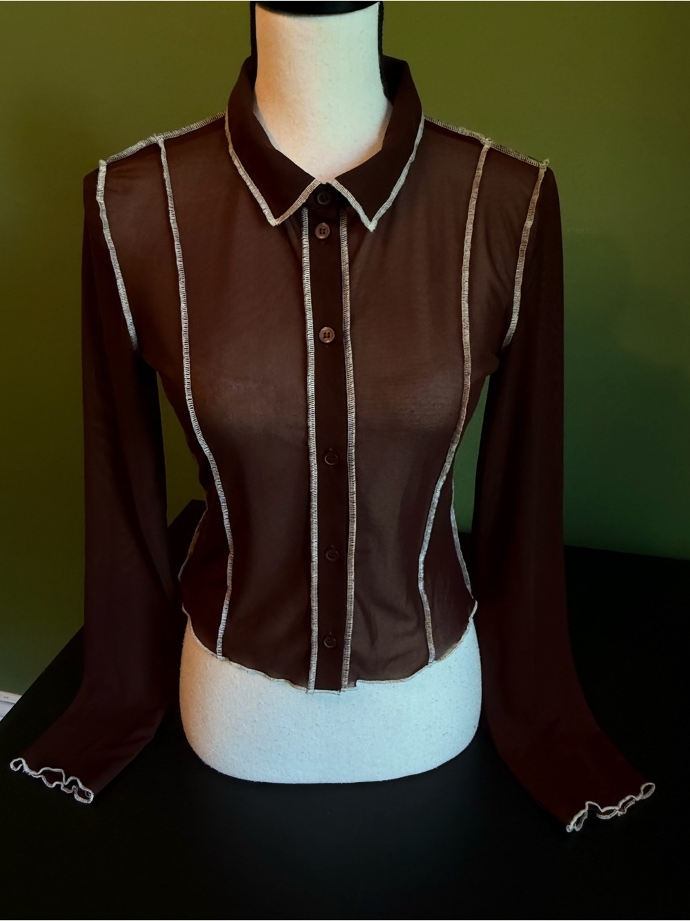Sheer Brown H&M Contrast Trim Button-Front Women's Top - Small
